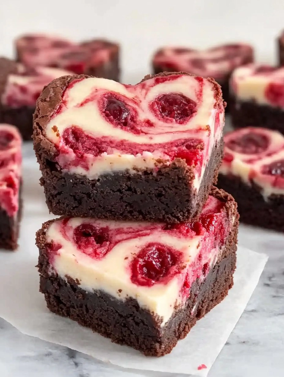 Heart Shaped Brownies (with Raspberry Swirl and Cheesecake Topping)