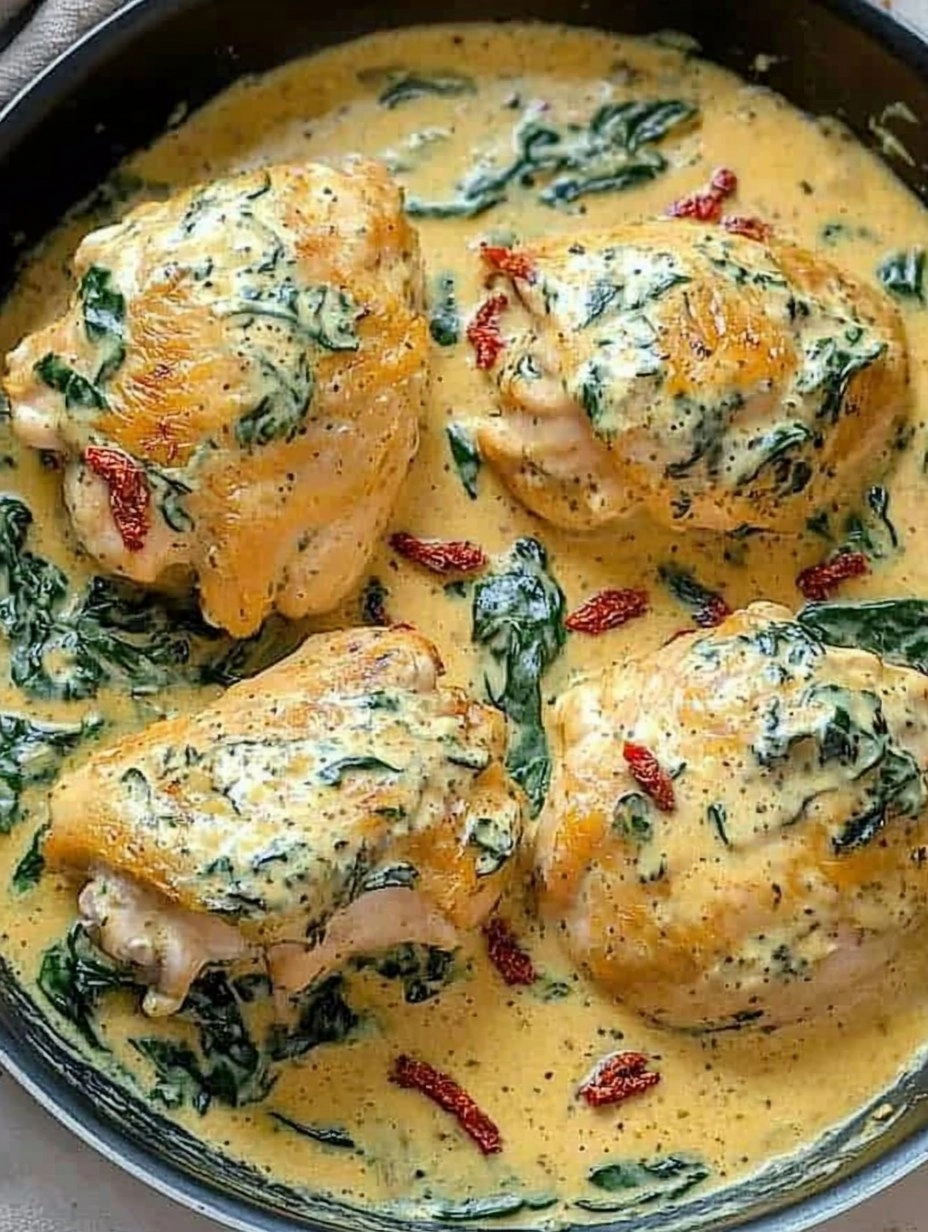 One-Pan Creamy Tuscan Chicken Thighs with Spinach & Sun-Dried Tomatoes