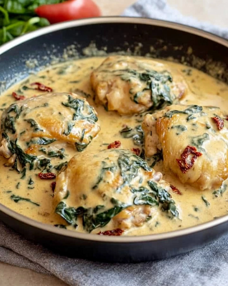 One-Pan Creamy Tuscan Chicken Thighs with Spinach & Sun-Dried Tomatoes