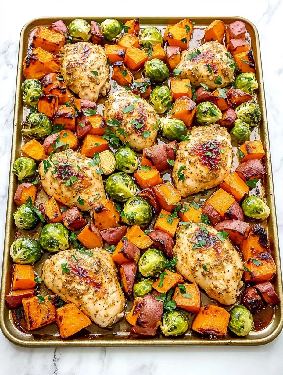 Sheet-Pan Maple Dijon Chicken with Brussels Sprouts & Sweet Potatoes
