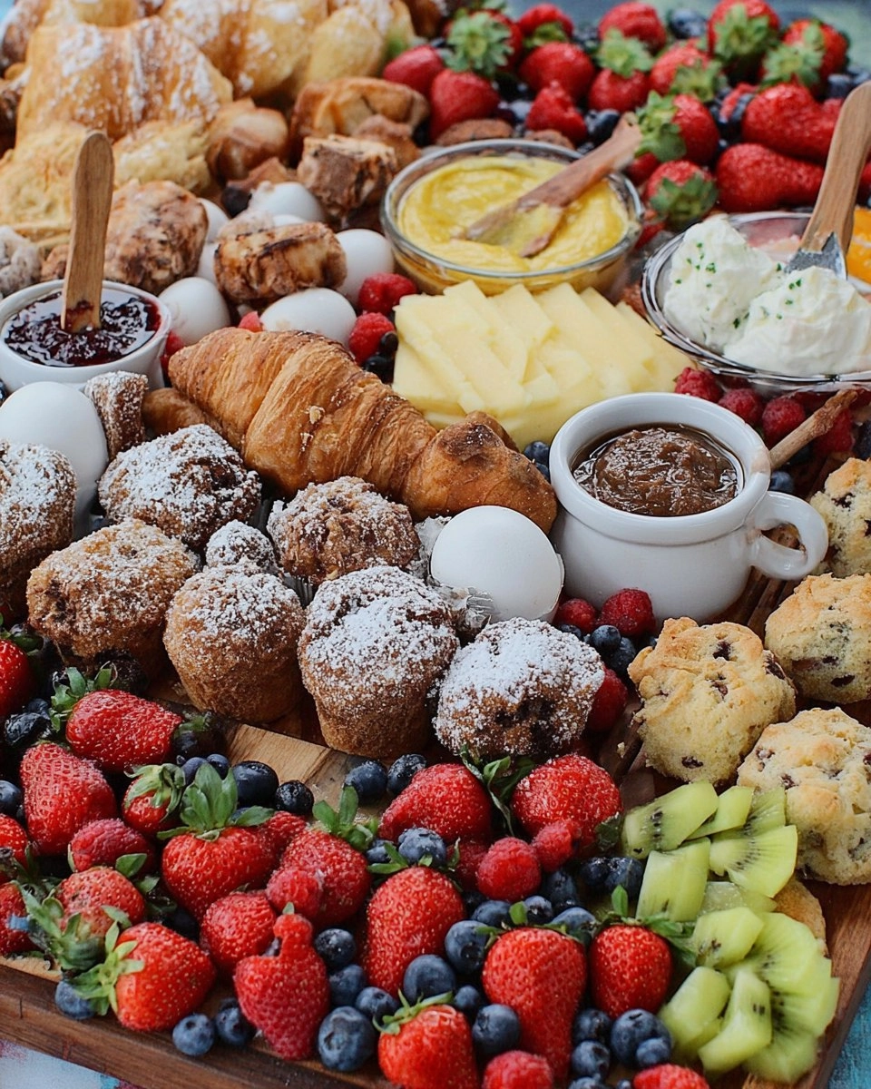 Spring Brunch Board with Eggs, Pastries, Fruit & Dips