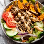 Burger-Bowls-with-Chipotle-Ranch-Sweet-Potato-Fries-Recipe