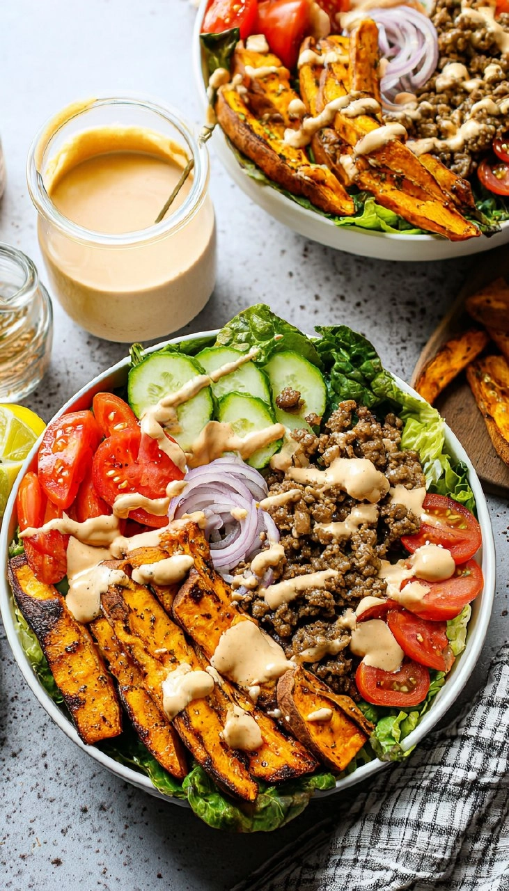 Burger Bowls with Chipotle Ranch Sweet Potato Fries