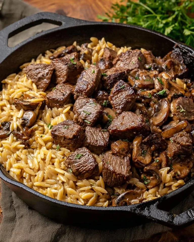 Steak-Bites-with-Creamy-Mushroom-Orzo-Recipe