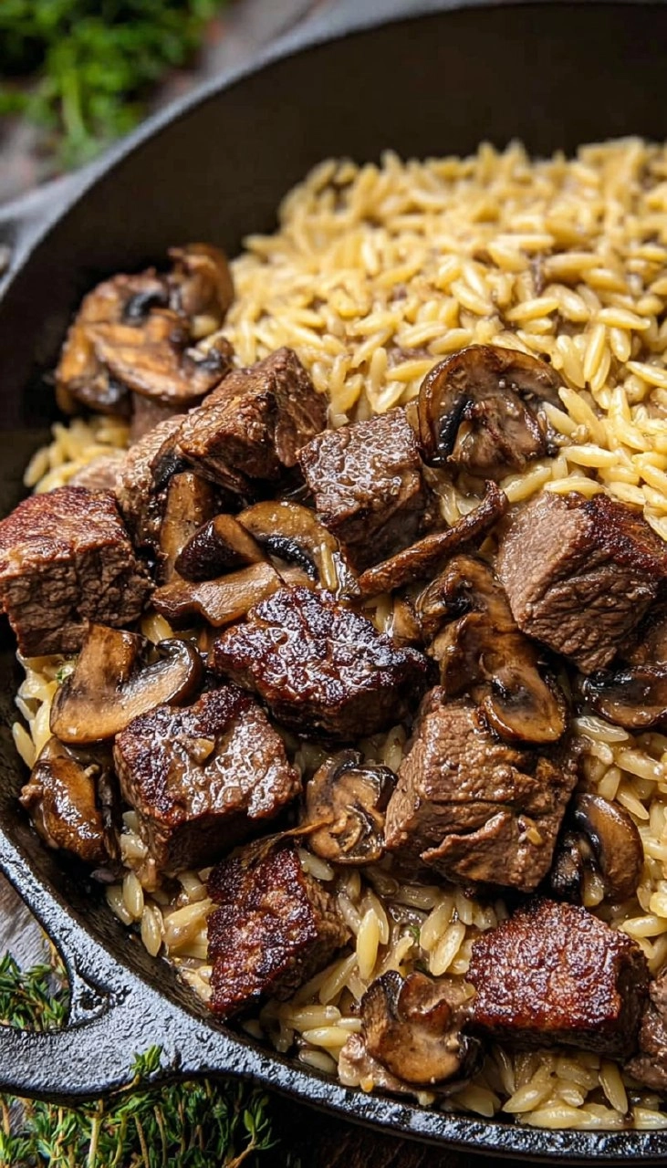 Steak Bites with Creamy Mushroom Orzo
