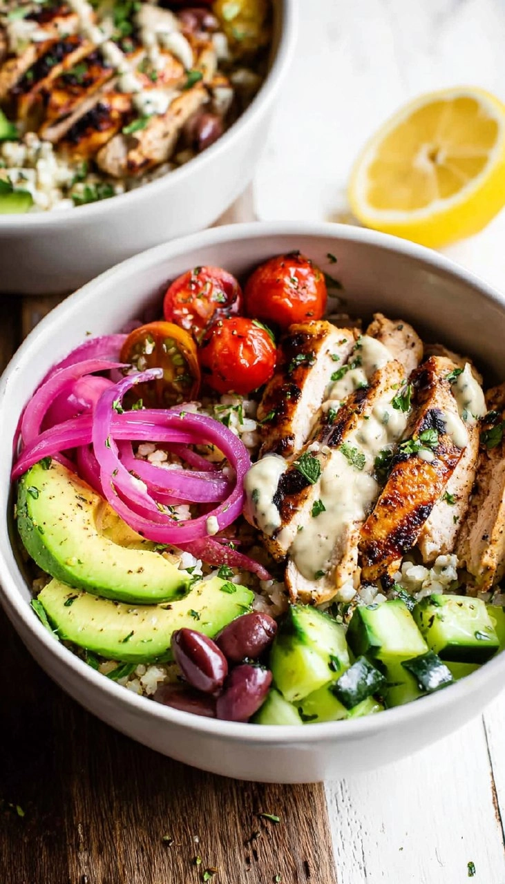 Greek Chicken Bowls with Lemon Garlic Tahini Sauce (Healthy Mediterranean Bowls)