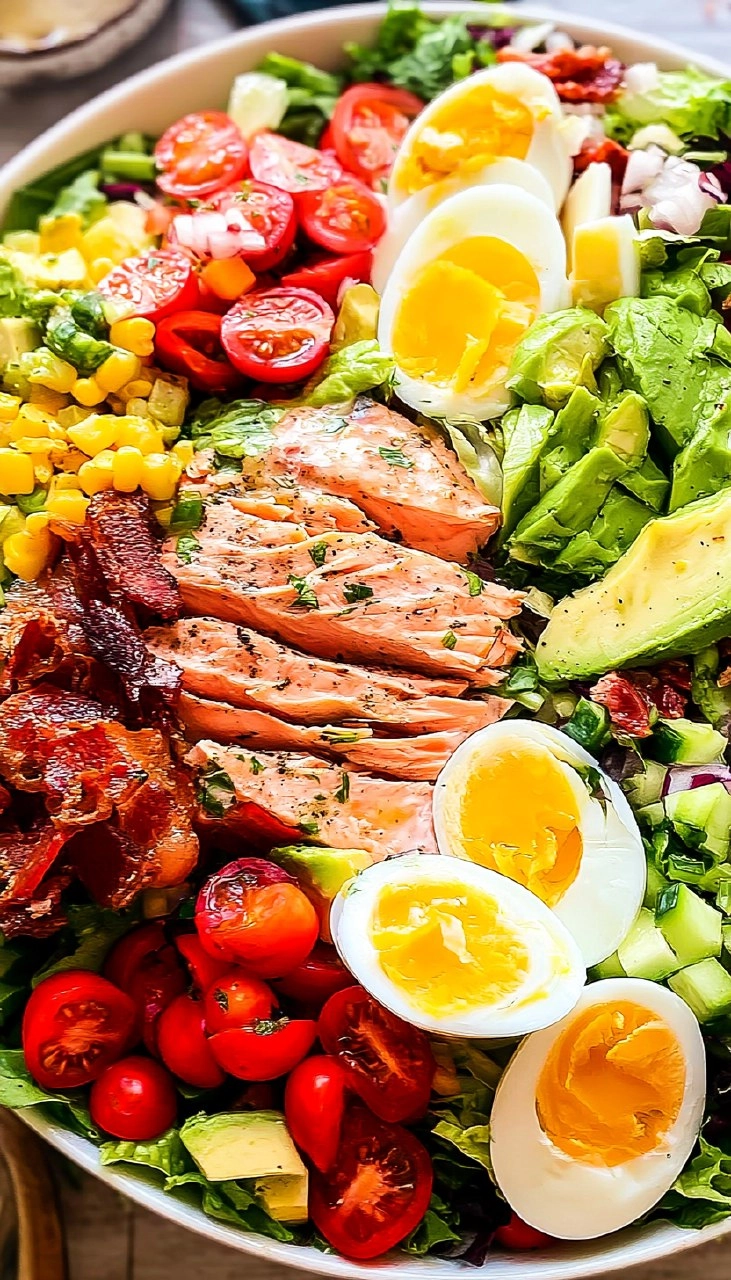 Salmon Cobb Salad with Avocado and Bacon (Whole30, Keto)