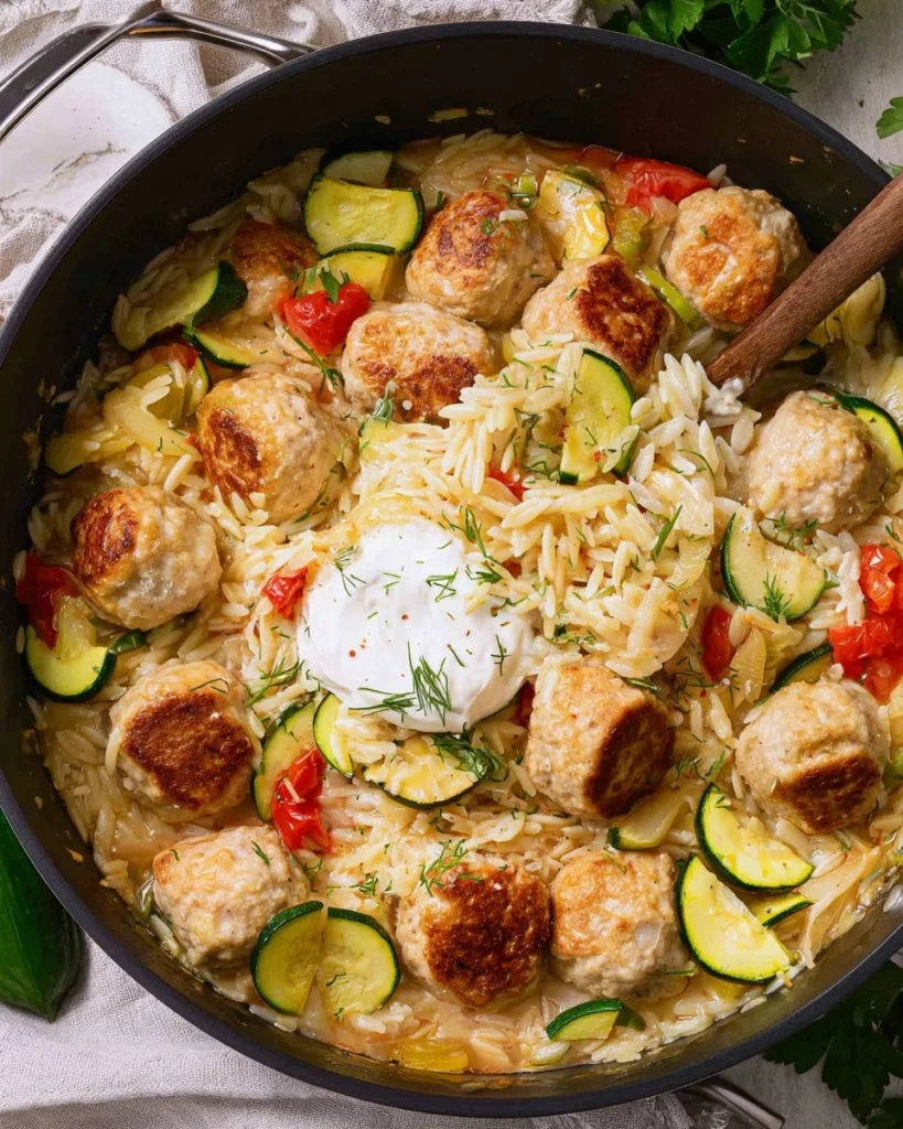Summer-Squash-Orzo-Skillet-with-Chicken-Meatballs-Recipe