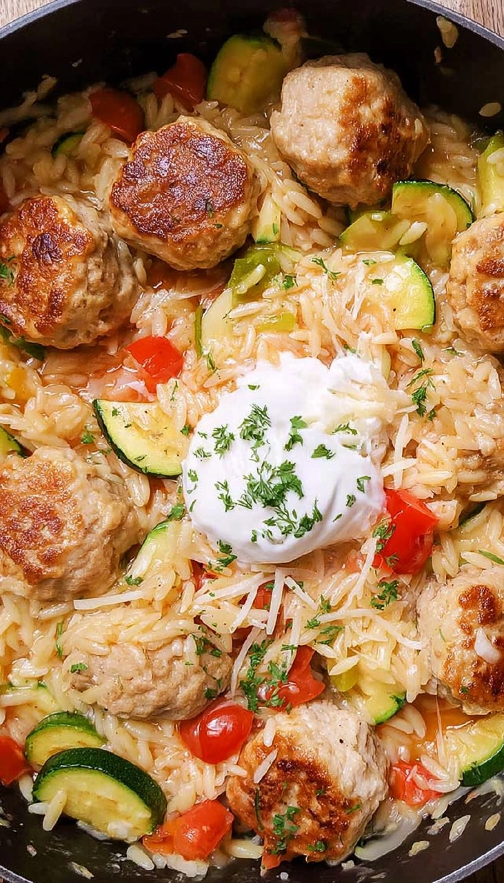 Summer Squash Orzo Skillet with Chicken Meatballs