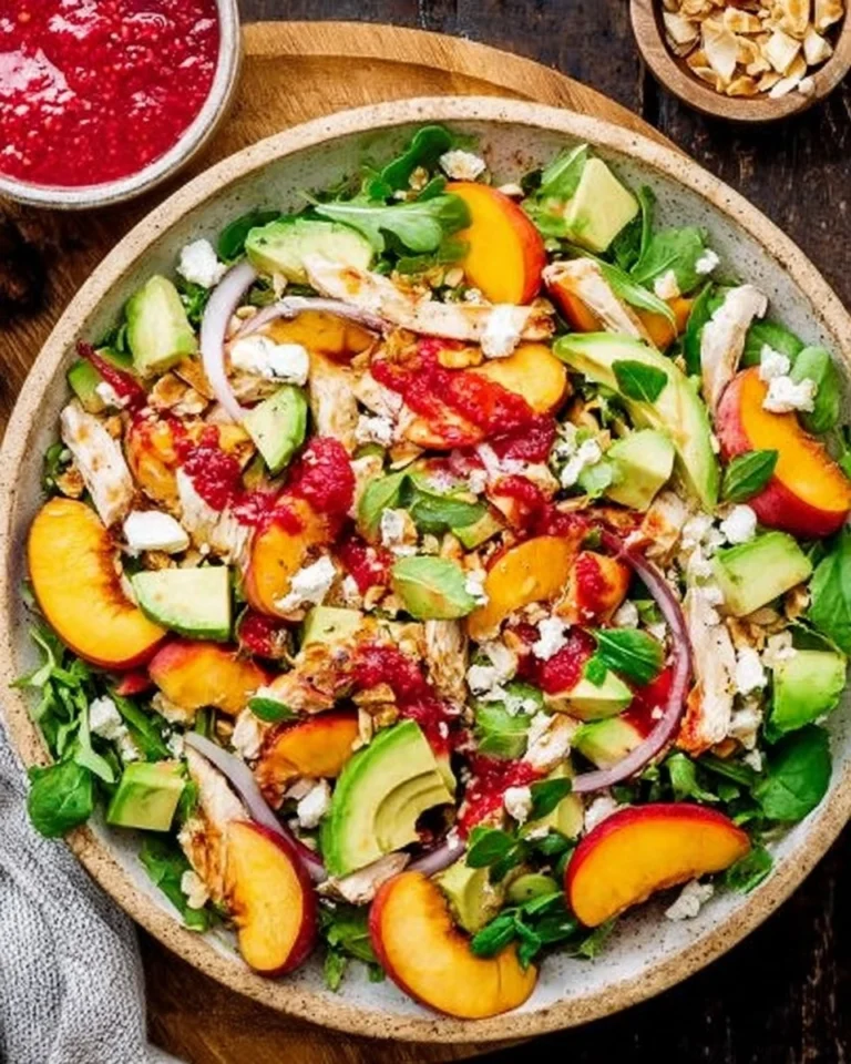 Chicken-Salad-with-Peaches-Avocado-Fresh-Raspberry-Dressing-Recipe