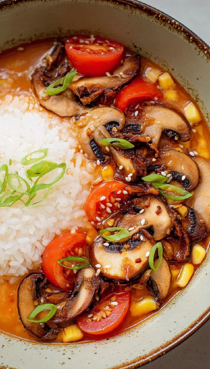 Tomato Miso Soup with Garlic Sesame Mushrooms